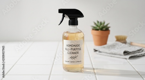 Homemade all-purpose cleaner in a glass spray bottle, promoting eco-friendly living and a clean home.