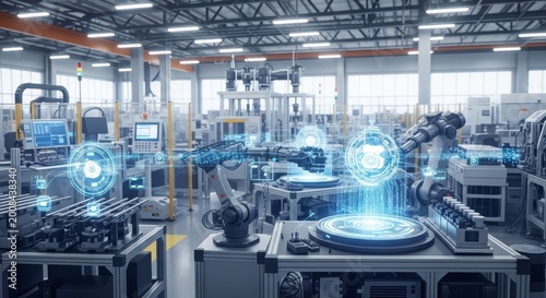 Futuristic industrial automation factory floor with holographic digital interface and robotic arms