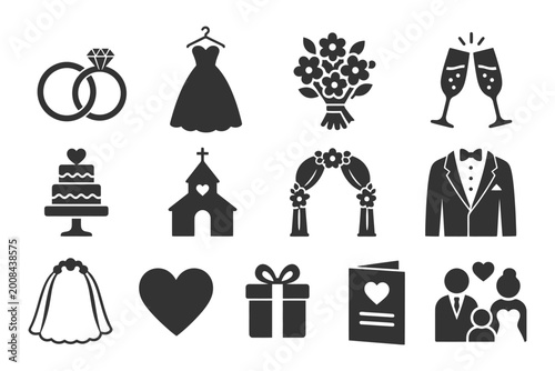 Wedding symbols collection featuring rings, dress, church, flowers, and tuxedo.