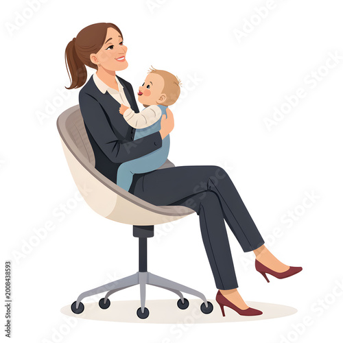 Young Businesswoman Sitting on Chair with Her Son, Working Mother Lifestyle, Family Bond, Modern Parenthood, Professional Woman, Child Together, Happy Family Portrait Photography