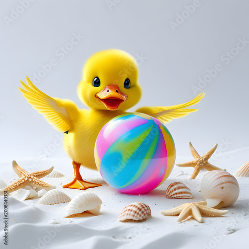 Adorable mother duck swimming with fluffy yellow ducklings on a calm pond, spring wildlife nature scene, family of birds in water