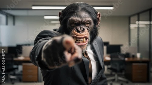 Angry chimpanzee in business suit pointing finger in modern office environment