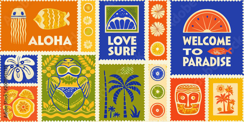 Tropical stamp collage with tiki masks fish and palm trees