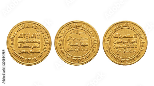 Three smiling golden coins stacked together isolated on transparent background