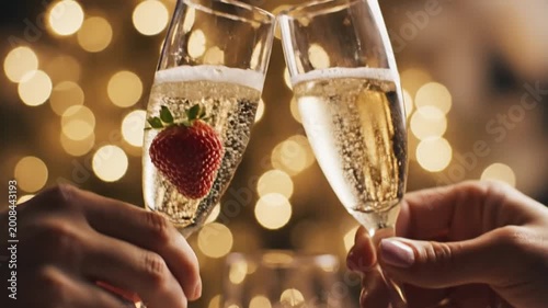 Champagne Toast with Strawberry and Bokeh Lights