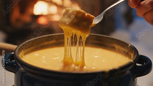 Dipping Bread into Warm Cheese Fondue by Cozy Fireplace