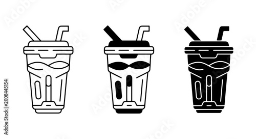 Fotografie three black and white vector icons of different styled drinks on transparent bac
