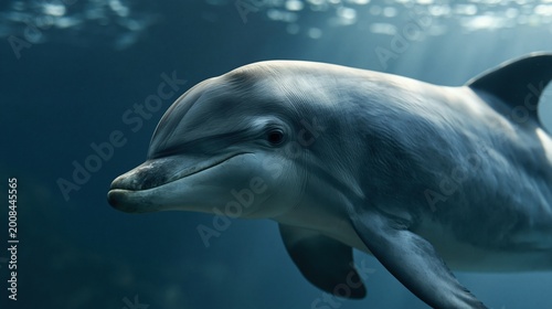 Close up side view of gentle bottlenose dolphin swimming in blue underwater ocean showing smooth skin and intelligent expression of marine mammal