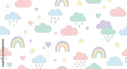 Bild auf Leinwand Colorful pastel rainbows and clouds pattern.