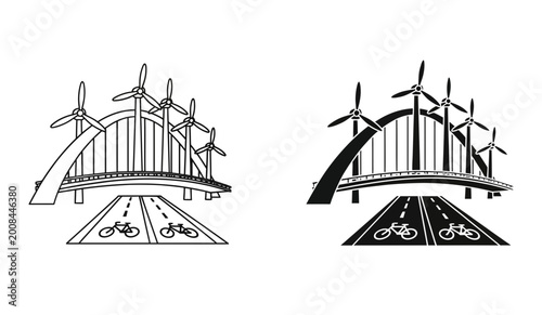 Wind turbine bridge icon set with bicycle road, outline and solid style, white background, vector Illustration