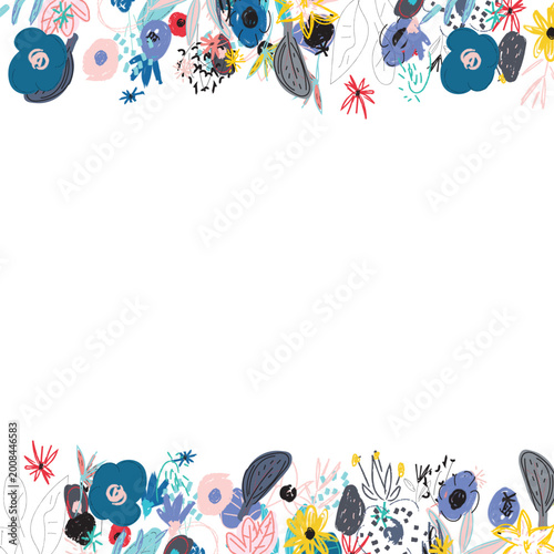 Vibrant floral border design features a variety of hand drawn flowers and leaves in various colors and shapes, adding a touch of artistic charm to invitations, cards, or any creative project