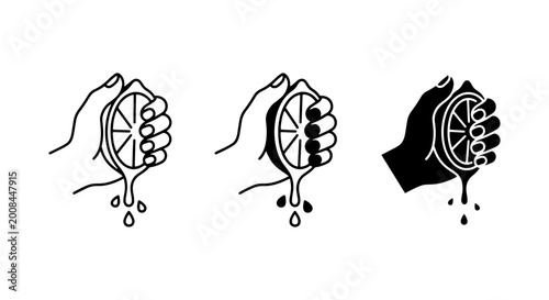 Quadro em tela Lemon juice extraction process in three steps: squeezing collecting and dripping