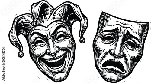 Tableau sur toile Vintage Style Comedy and Tragedy Drama Masks Set with Laughing Jester and Crying