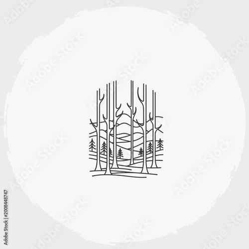 Fotografie Minimalist Line Art Forest Scene with Tall Trees.