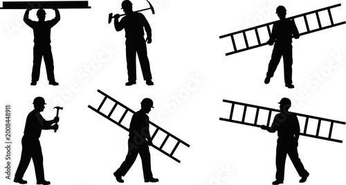 Silhouettes of construction workers carrying ladders and tools in action poses, ideal for labor, industry, and manual work-themed designs.