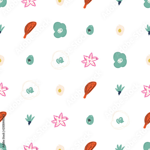 Hand drawn abstract floral elements in a vibrant brush stroke style creating a seamless pattern, providing a playful background for various design projects, including textiles and digital art