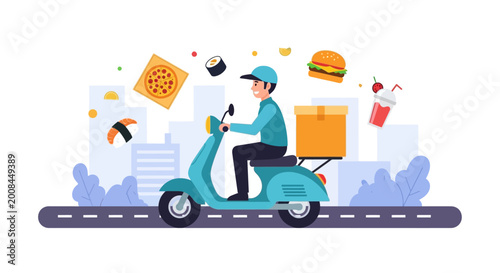 Food Delivery Man Riding Scooter with Fast Food Items.
