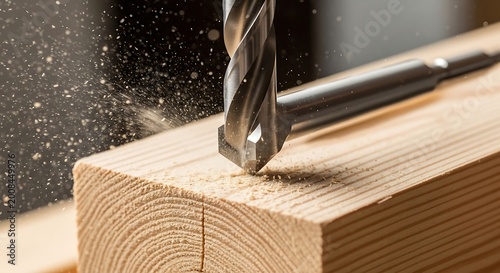 Close up of drill bit penetrating wood creating wood shavings and dust