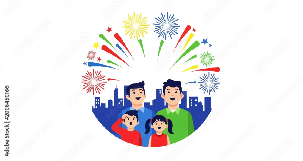 Fototapeta premium Family watching fireworks display over city skyline on transparent background