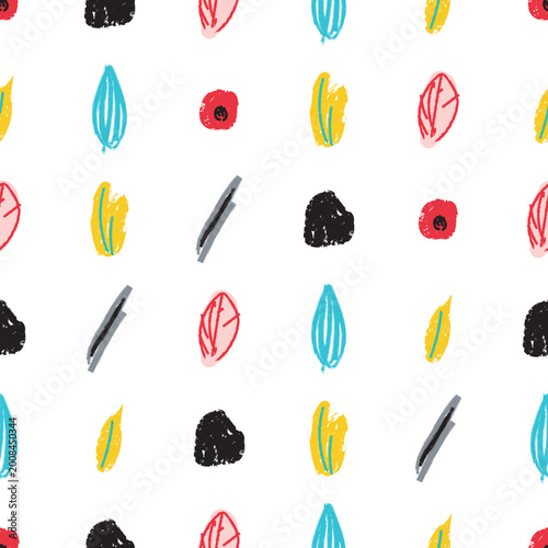 Pattern showing a vibrant arrangement of various hand drawn shapes, including leaves, circles, and irregular marks, creating a whimsical and artistic backdrop for textile and paper products