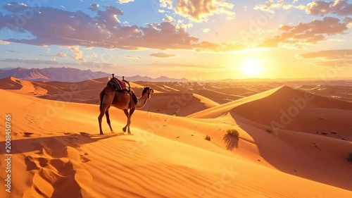 A camel stands on a sand dune at sunset in a vast desert landscape