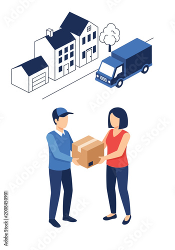 Obraz na płótnie Isometric Home Delivery Illustration with Courier Handing Package to Customer an