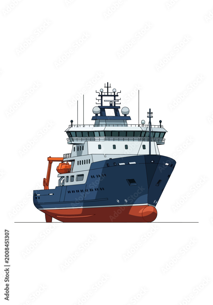 Fototapeta premium Modern Scientific Research Vessel and Offshore Support Ship Illustration - Detailed Maritime Vessel Isolated on White Background for Oceanography and Engineering Projects