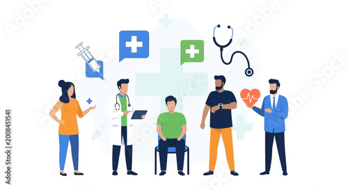 Diverse group of medical professionals and patients collaborating.