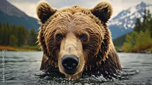 A large brown bear swims in a river with mountains in the background
