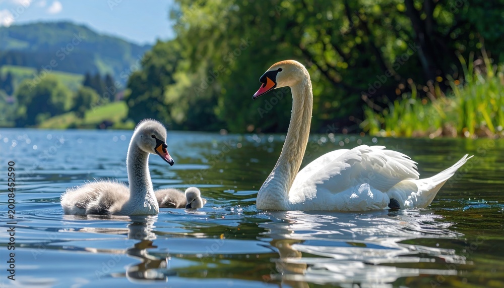 Fototapeta premium Swans and cygnets on peaceful lake.