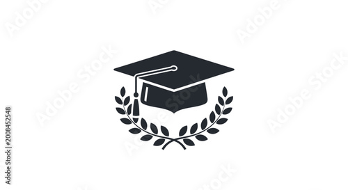 Minimalist black vector icon of a graduation mortarboard cap with a hanging tassel and a laurel wreath below it, isolated on a plain white background for academic achievement.