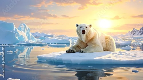 A large white bear rests on a floating iceberg in the cold ocean water