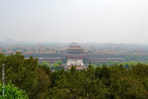 High angle view of the Forbidden City in Beijing as seen from Wanchun Pavilion, the central and highest building in Jingshan Park, Beijing