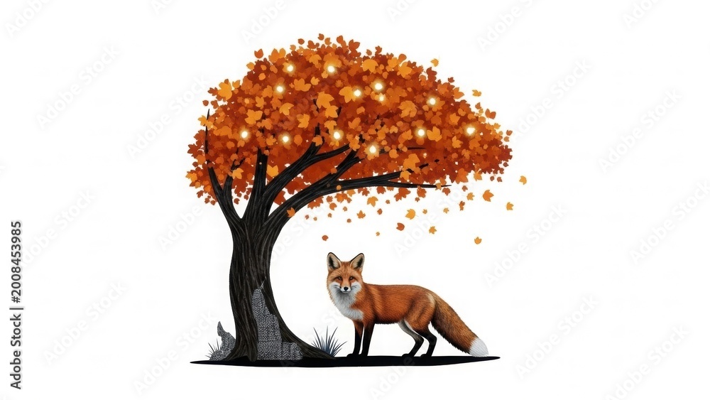 Obraz premium Autumn Fox's Serenity: A red fox, symbol of wildness, finds sanctuary beneath a vibrant tree of golden autumnal hues. The leaves gently cascade down, painting a scene of peace and the changing season.