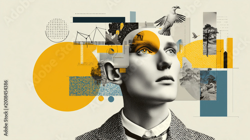 Surreal collage of human mind and mental health concept