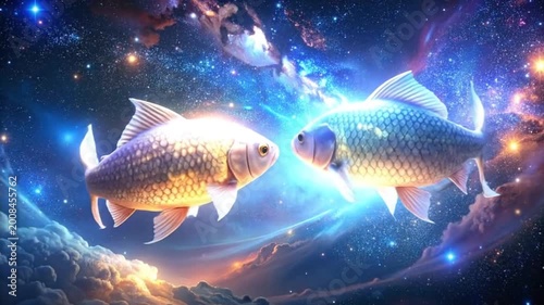 Two colorful fish swimming in a vibrant, starry and cosmic space scene