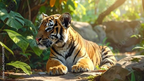 A beautiful young striped animal rests peacefully in a lush, green environment