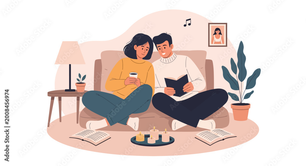 Fototapeta premium Couple enjoying a tranquil evening together at home, representing peace and intimacy