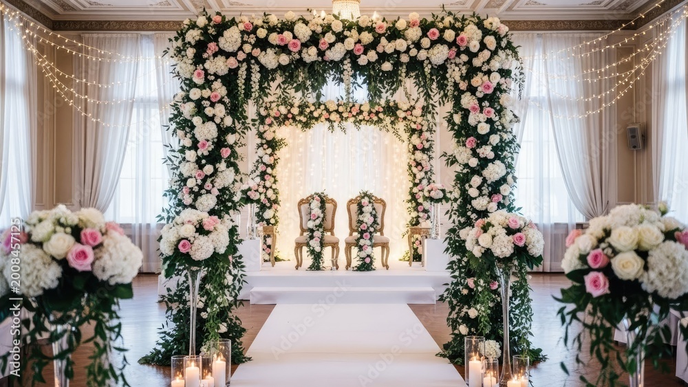 Fototapeta premium elegant wedding ceremony arch with floral decorations and chairs in grand hall