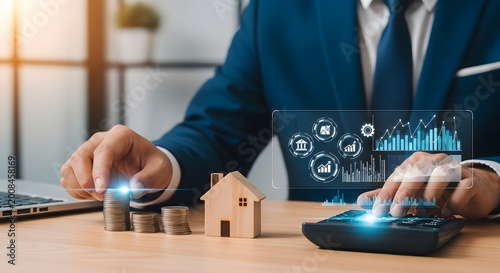 Businessman calculating mortgage costs and property investment returns with a house model and stacked coins.