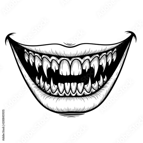 Black and white illustration of a smiling mouth with sharp teeth