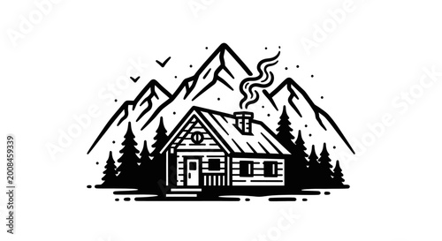 Cabin in the mountains with smoke illustration outdoors nature adventure