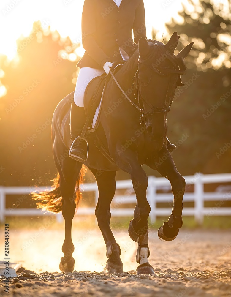 Fototapeta premium A horse and rider in a riding arena at sunset