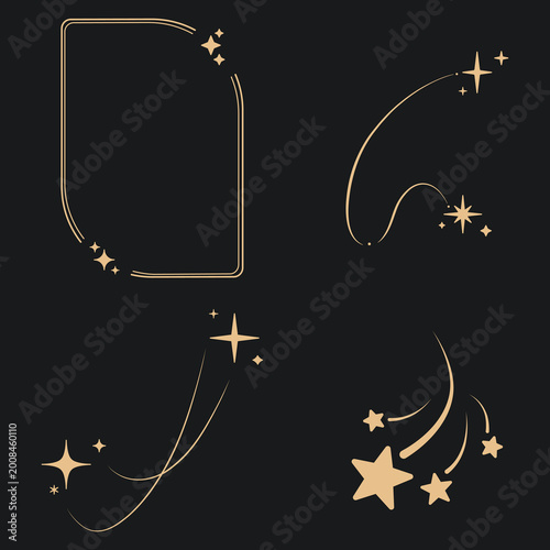 Sparkle star frame. wreath round stardust border for party, birthday decor design. laurel frame with, cosmic glitter shine. isolated black flat vector illustration.
