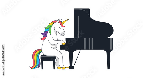 Unicorn playing piano illustration on a white background creative concept design