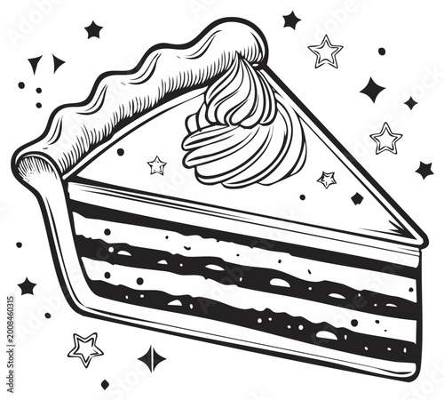 Black and white illustration of pumpkin pie slice with whipped cream decoration and stars