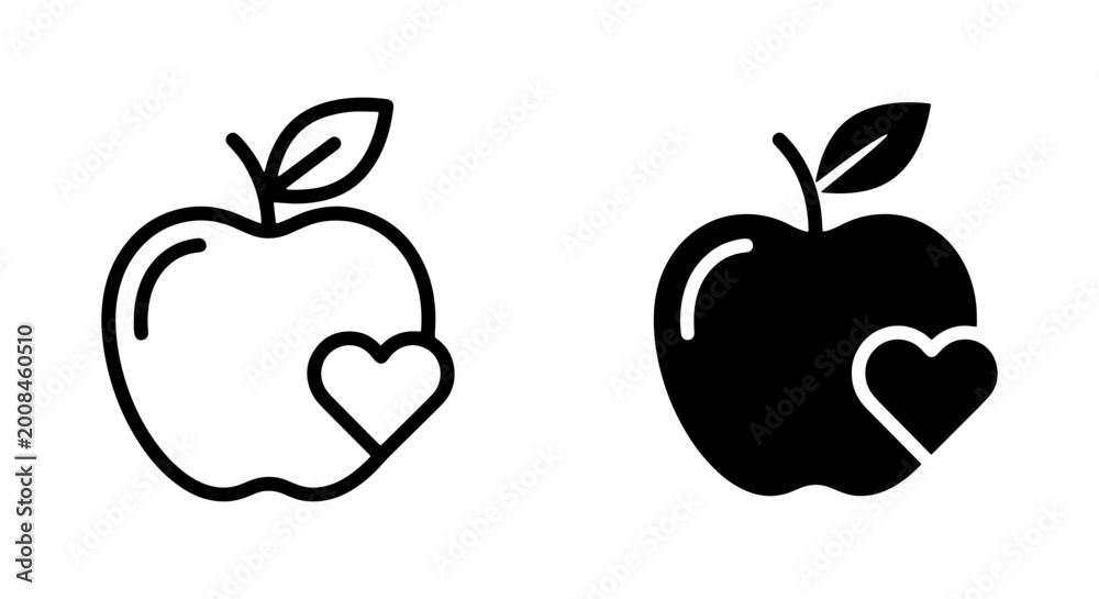 Fototapeta premium Apple Heart Silhouette Icon Set on White Background