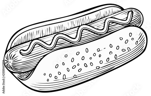 Illustration of a hotdog in a bun with mustard and sesame seeds in black and white monochrome