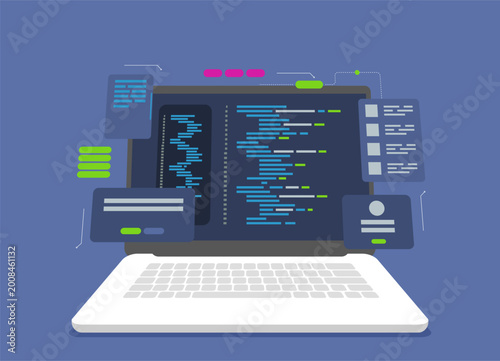 Software development and programming, program code on laptop screen, big data processing, computing isometric