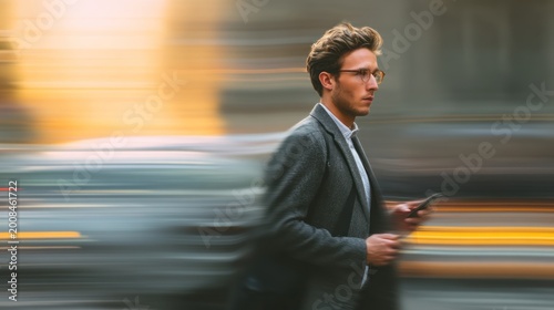 Businessman walking with phone outdoors